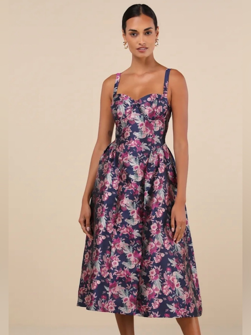 Navy Floral Jacquard Midi Dress With Pockets
